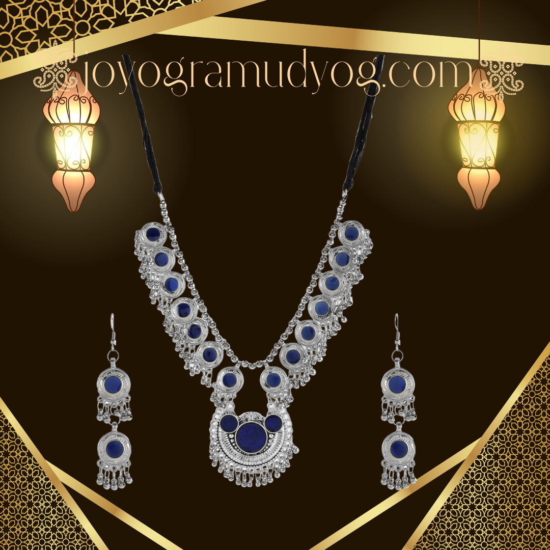 Elegant Blue Stone Silver Necklace and Earring Set