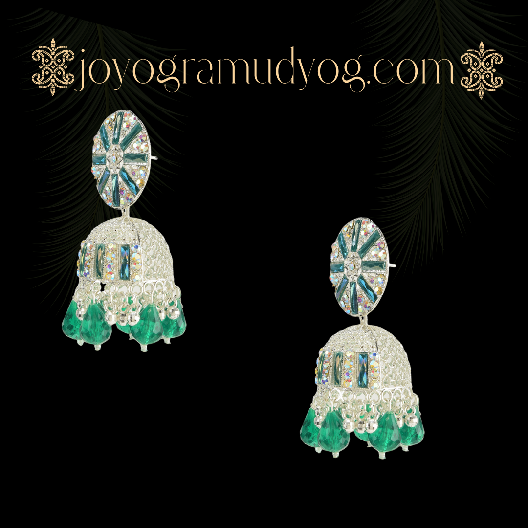 Exquisite Silver and Emerald Jhumka Earrings