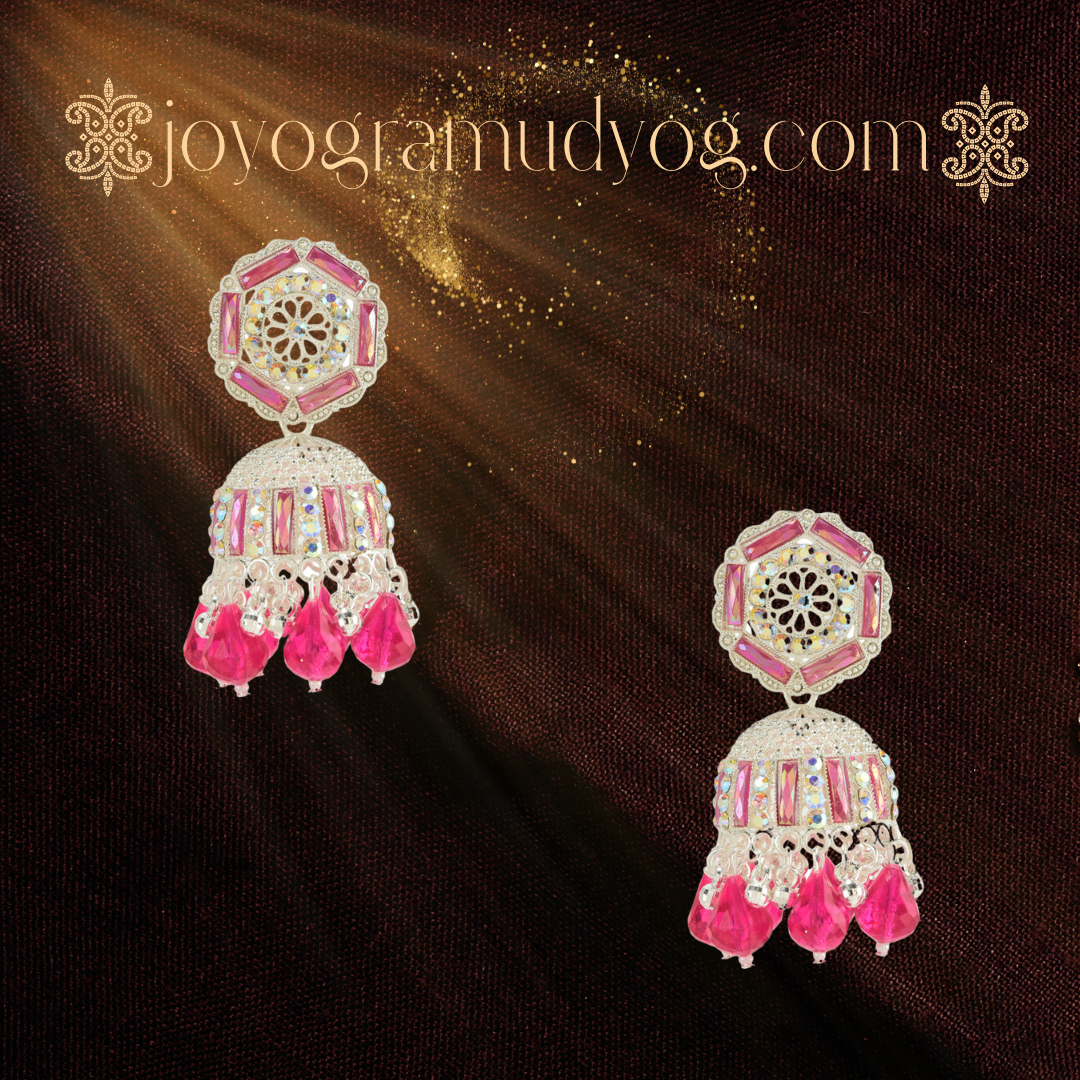 Elegant Pink and Silver Jhumka Earrings