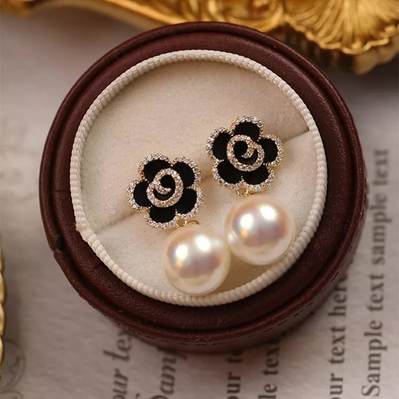 Black Rose and Pearl Drop Earrings